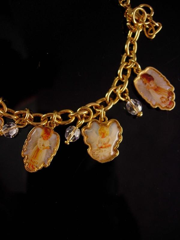Vintage Angel Charm bracelet - Grace devotion Faith - religious jewelry - enamel girl cherubs