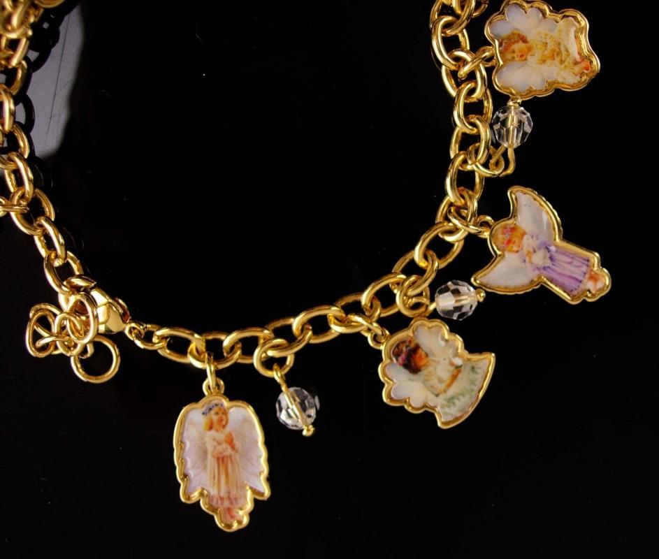 Vintage Angel Charm bracelet - Grace devotion Faith - religious jewelry - enamel girl cherubs