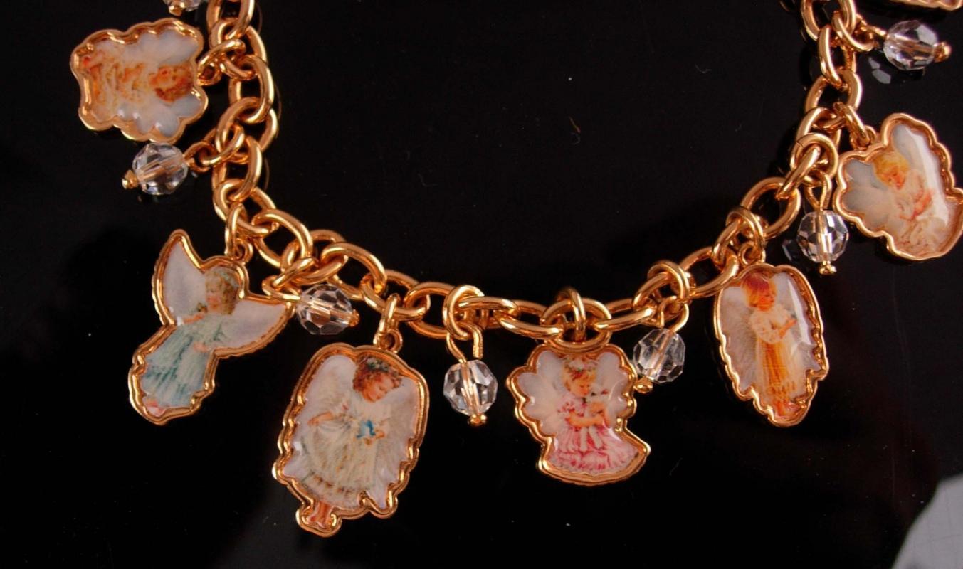 Vintage Angel Charm bracelet - Grace devotion Faith - religious jewelry - enamel girl cherubs