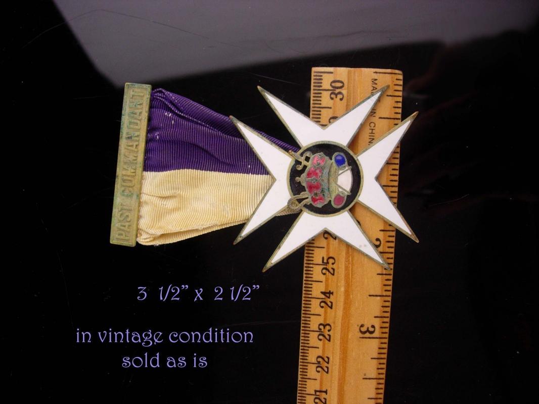 Antique Oddfellow medal - past commandant maltese cross - Jewel Knights Templar Fraternal Enamel masonic ribbon