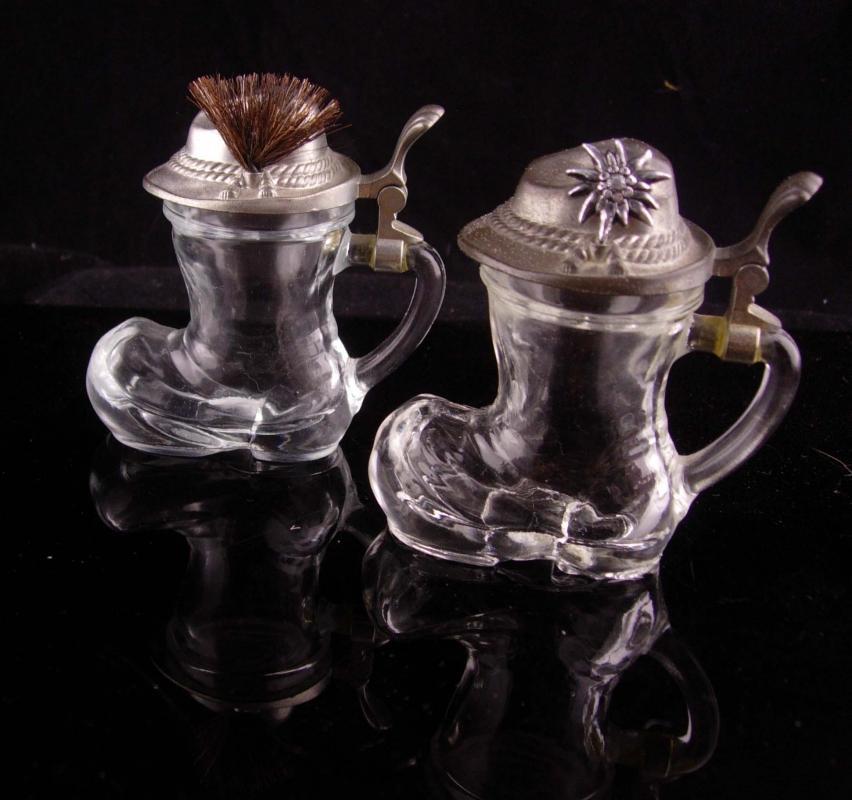 Vintage Shot glass set - german boots - hat badge - hinged lid - Beer drinker gift - edelweis flower bartender gift