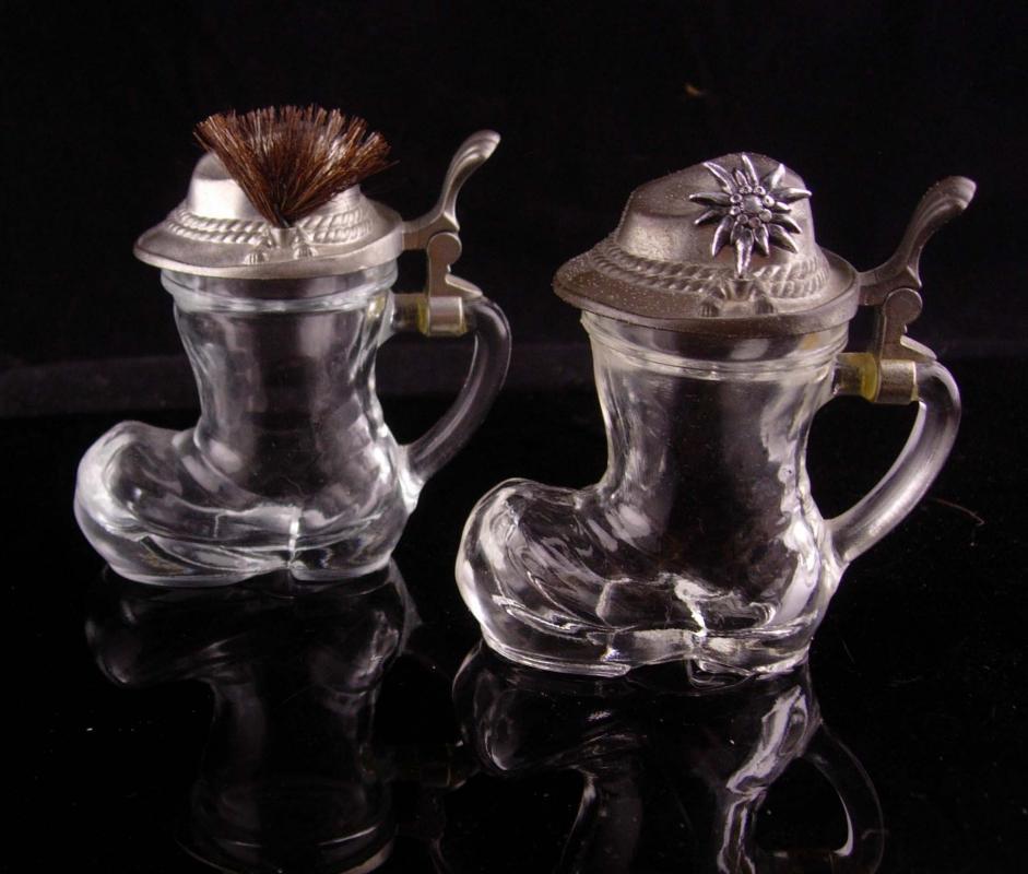 Vintage Shot glass set - german boots - hat badge - hinged lid - Beer drinker gift - edelweis flower bartender gift