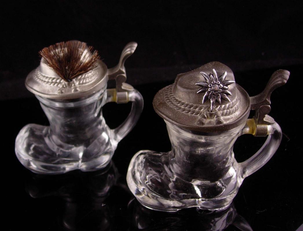 Vintage Shot glass set - german boots - hat badge - hinged lid - Beer drinker gift - edelweiss flower bartender gift