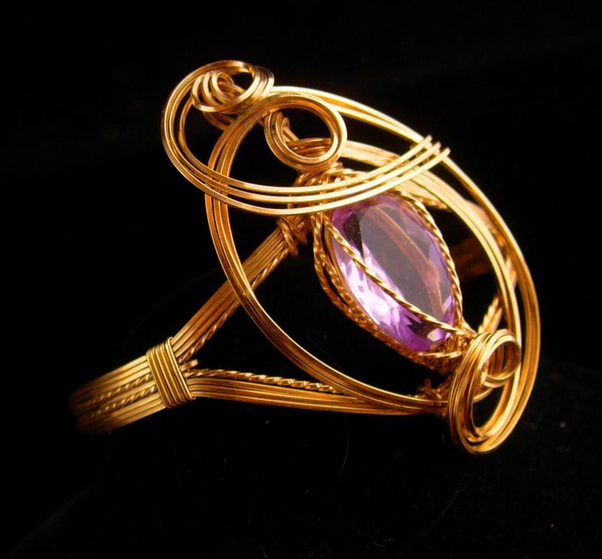 Large Statement Bracelet - Gold filled Amethyst cuff - Modernist design - OOAK - artist jewelry - February Birthstone
