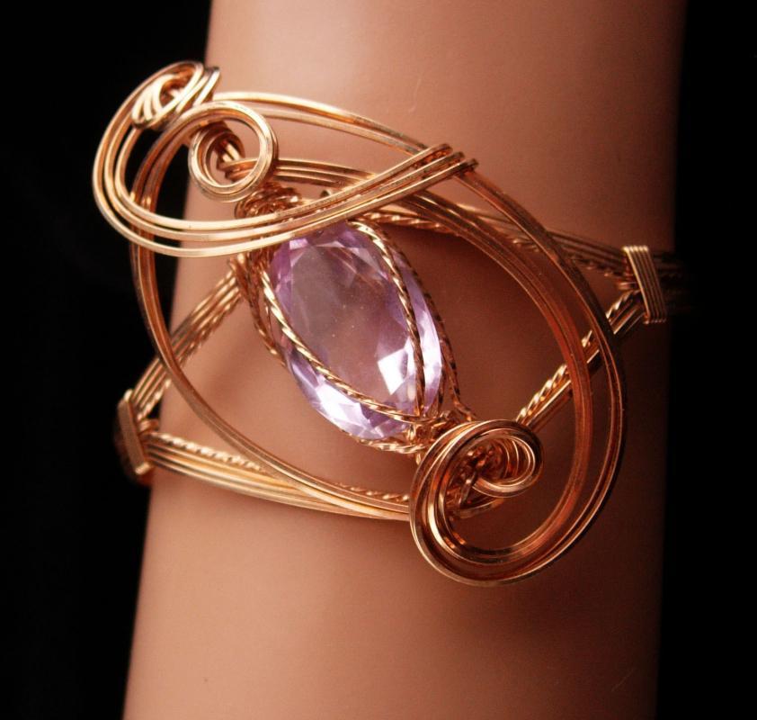 Large Statement Bracelet - Gold filled Amethyst cuff - Modernist design - OOAK - artist jewelry - February Birthstone