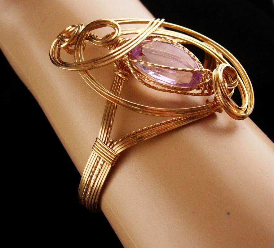 Large Statement Bracelet - Gold filled Amethyst cuff - Modernist design - OOAK - artist jewelry - February Birthstone