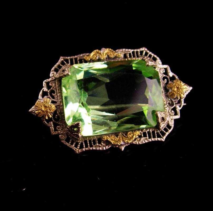 Antique Filigree Brooch - art deco peridot jewelry - Green stone - silver and gold vintage pin - 1st anniversary gift / August gift / virgo birthday