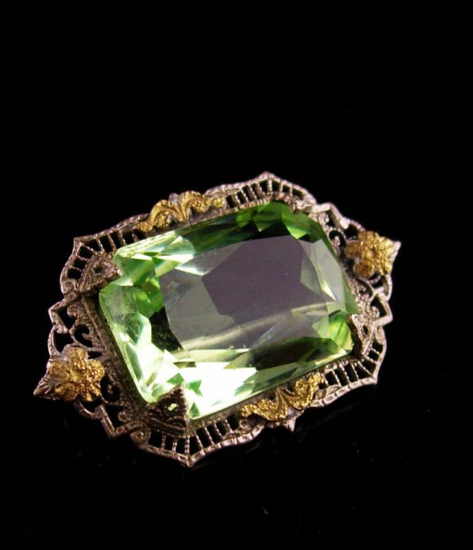 Antique Filigree Brooch - art deco peridot jewelry - Green stone - silver and gold vintage pin - 1st anniversary gift / August gift / virgo birthday