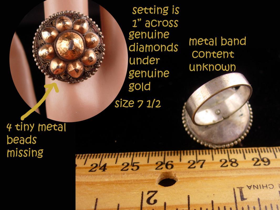 Vintage 9 Diamond ring - bizarre history - genuine stones size 7 1/2 gold one of a kind - cluster 14kt gold harem jewelry