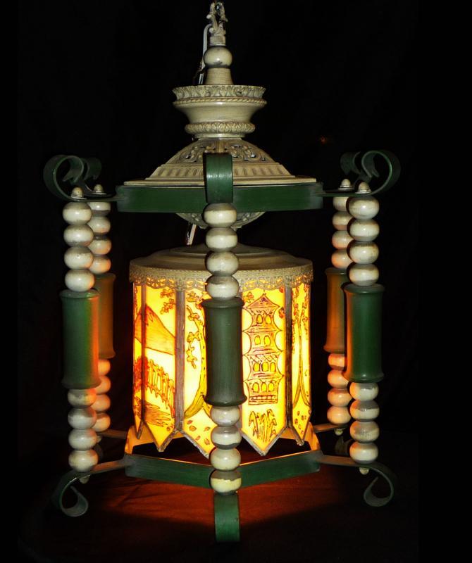 BIG Vintage Oriental Lamp - handpainted glass panels - hanging wrought iron - Asian pagoda - chinese lamp