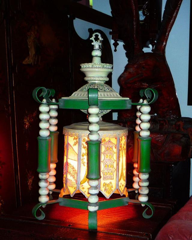 BIG Vintage Oriental Lamp - handpainted glass panels - hanging wrought iron - Asian pagoda - chinese lamp
