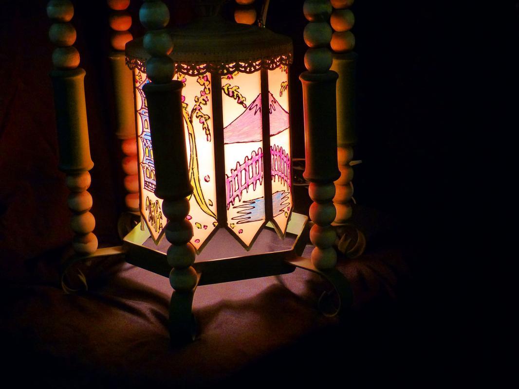 BIG Vintage Oriental Lamp - handpainted glass panels - hanging wrought iron - Asian pagoda - chinese lamp