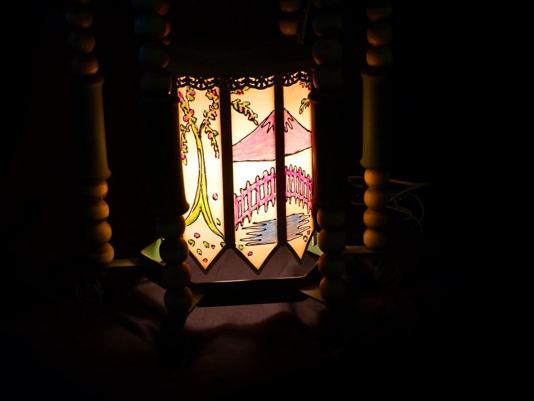 BIG Vintage Oriental Lamp - handpainted glass panels - hanging wrought iron - Asian pagoda - chinese lamp
