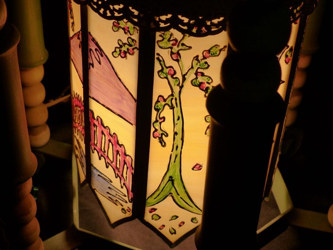BIG Vintage Oriental Lamp - handpainted glass panels - hanging wrought iron - Asian pagoda - chinese lamp
