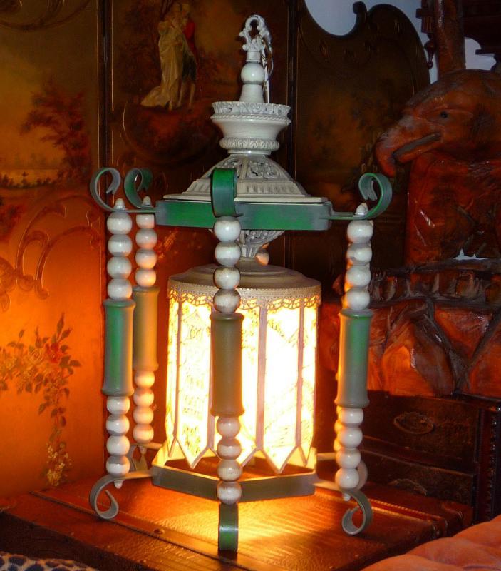 BIG Vintage Oriental Lamp - handpainted glass panels - hanging wrought iron - Asian pagoda - chinese lamp