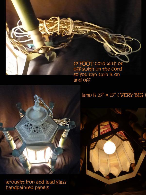 BIG Vintage Oriental Lamp - handpainted glass panels - hanging wrought iron - Asian pagoda - chinese lamp