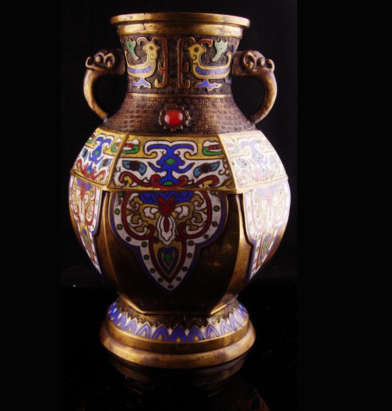 Antique Vase Chinese Champleve Enamel Elephant handles ASIAN oriental Urn with jewels