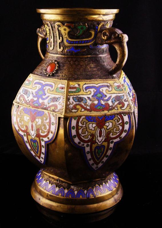 Antique Vase Chinese Champleve Enamel Elephant handles ASIAN oriental Urn with jewels