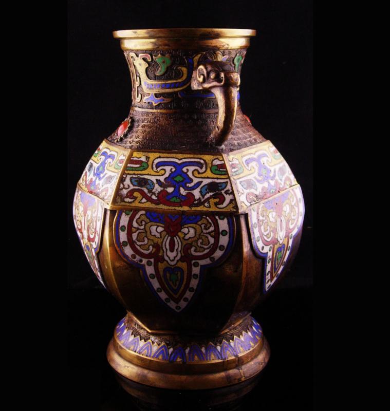 Antique Vase Chinese Champleve Enamel Elephant handles ASIAN oriental Urn with jewels