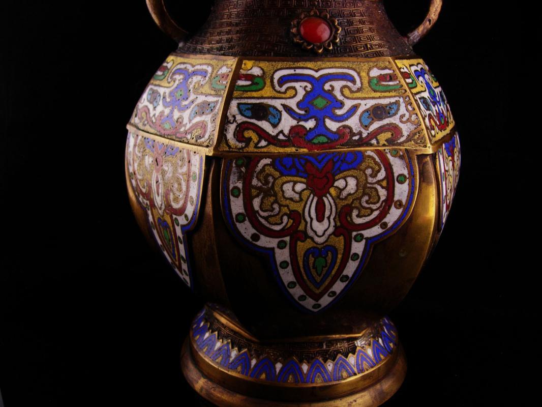 Antique Vase Chinese Champleve Enamel Elephant handles ASIAN oriental Urn with jewels