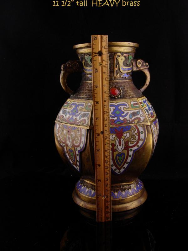 Antique Vase Chinese Champleve Enamel Elephant handles ASIAN oriental Urn with jewels