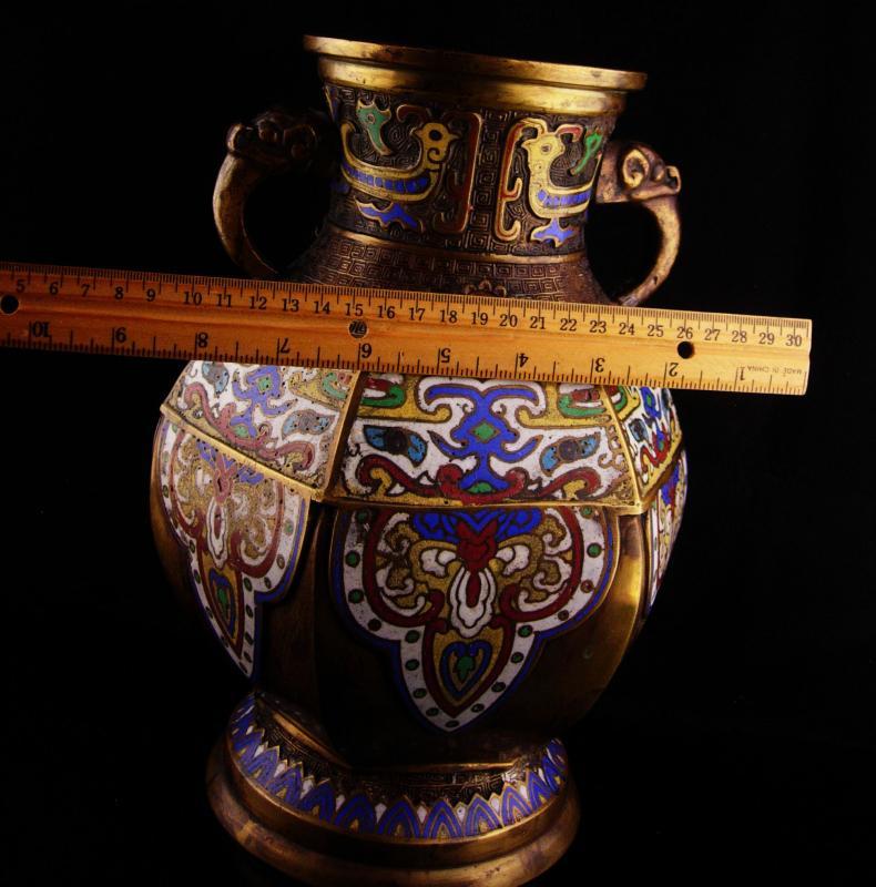 Antique Vase Chinese Champleve Enamel Elephant handles ASIAN oriental Urn with jewels
