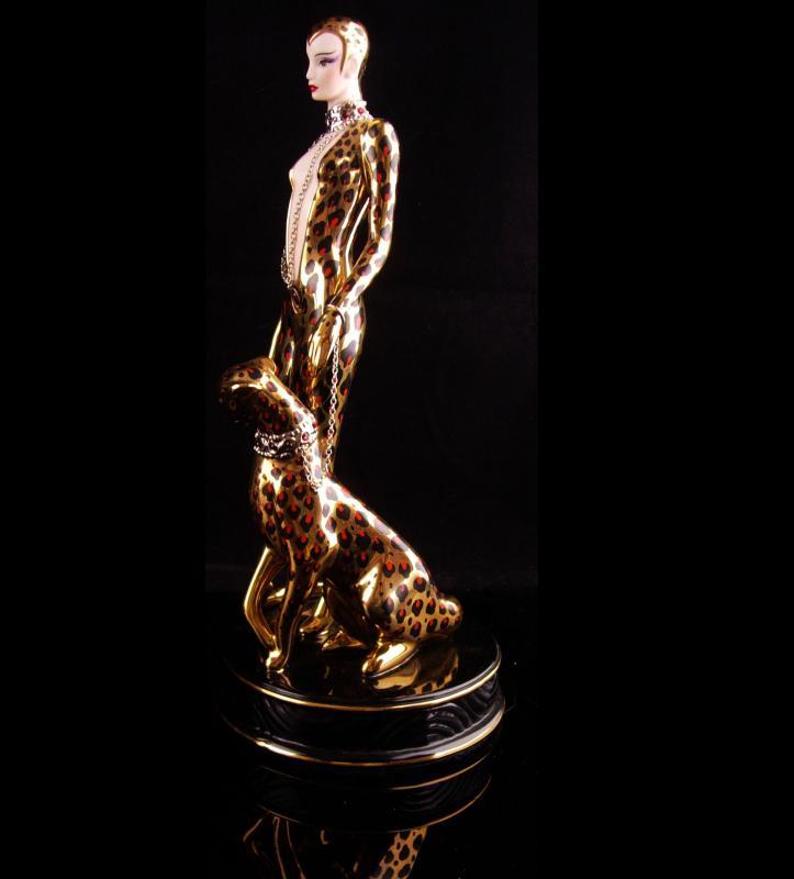 Exotic Leopard Goddess statue - Vintage Erte cat panther figurine -Art deco woman - cat lady gift