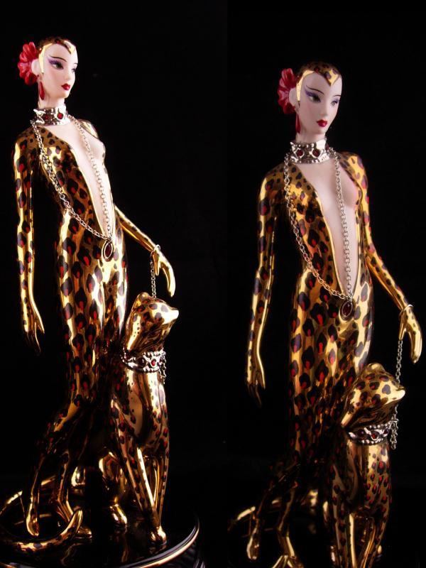Exotic Leopard Goddess statue - Vintage Erte cat panther figurine -Art deco woman - cat lady gift