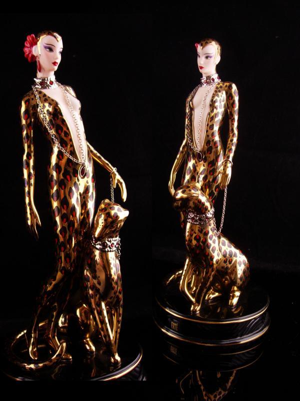 Exotic Leopard Goddess statue - Vintage Erte cat panther figurine -Art deco woman - cat lady gift