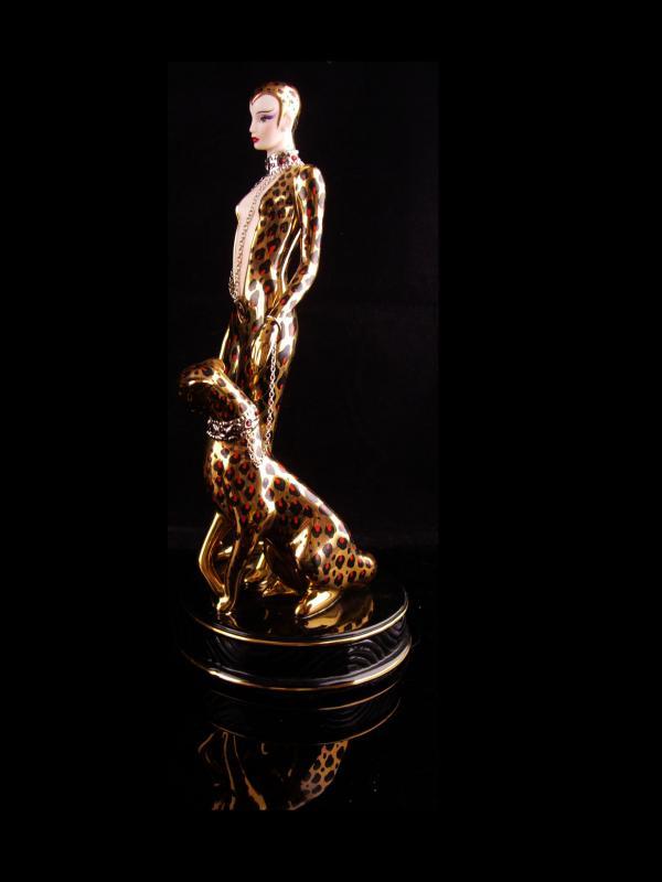 Exotic Leopard Goddess statue - Vintage Erte cat panther figurine -Art deco woman - cat lady gift