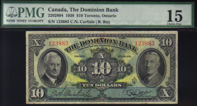 1938 $10 THE DOMINION BANK PMG 15