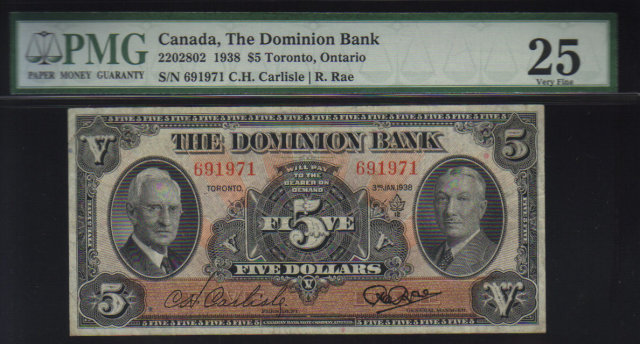 1938 $5 THE DOMINION BANK PMG 25