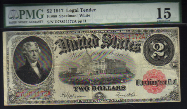 1917 $2 USA LEGAL TENDER FR60 speelman/white