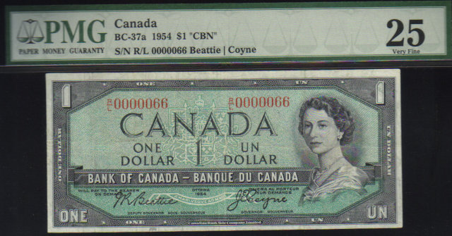 1954 $1 bank of canada LOW SERIAL #66 PMG 25