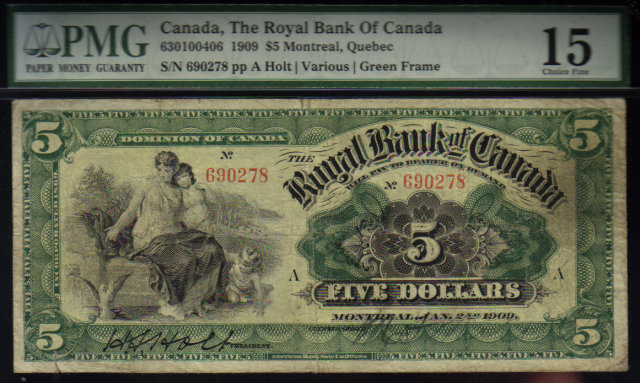 1909 $5 ROYAL BANK OF Canada ,papermoney