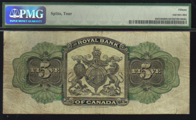 1909 $5 ROYAL BANK OF Canada ,papermoney