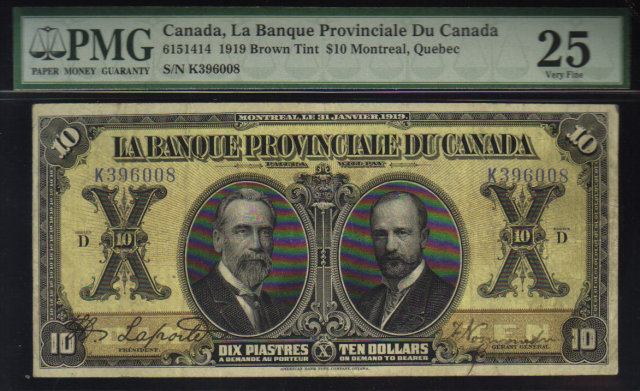1919 LA BANQUE PROVINCIALE DU CANADA $10 PMG25