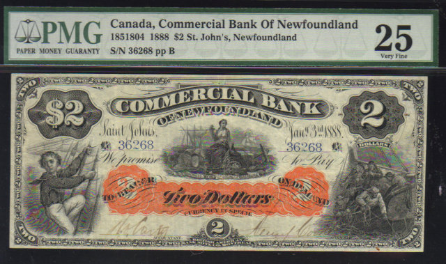 1888 $2 COMMERCIAL BANK OF NEWFOUNDLAND PMG 25