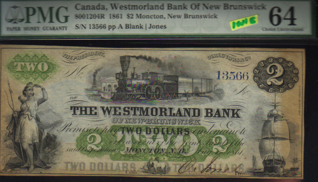 1861 $2 WESTMORLAND BANK OF NEWBRUNSWICK PMG 64