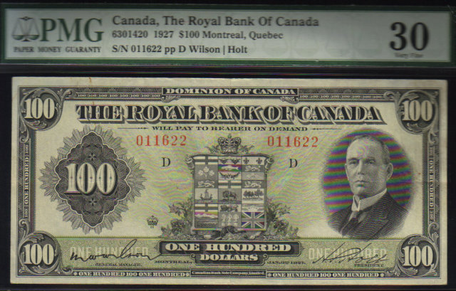 1927 $100 THE ROYAL BANK OF CANADA PMG VF 30