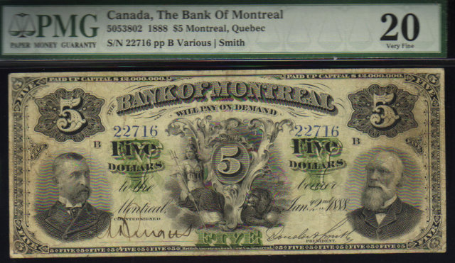 1888 $5 the BANK OF MONTREAL PMG VF 20 HIGH
