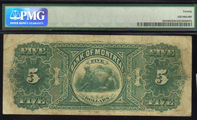1888 $5 the BANK OF MONTREAL PMG VF 20 HIGH