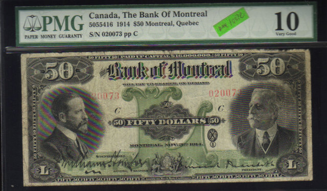 1914 $50 BANK OF MONTREAL ,quebec ,CANADA PMG