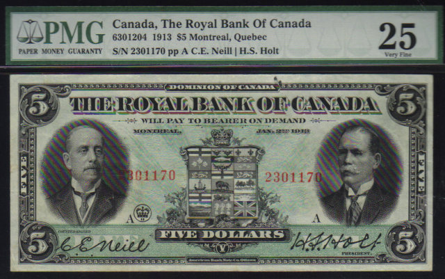 1913 $5 THE ROYAL BANK OF CANADA PMG VF 25