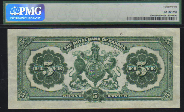 1913 $5 THE ROYAL BANK OF CANADA PMG VF 25