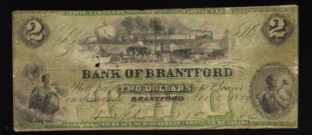 1859 bank of Brantford $2 scarce FRED WESTBROOK bicycle overprint
