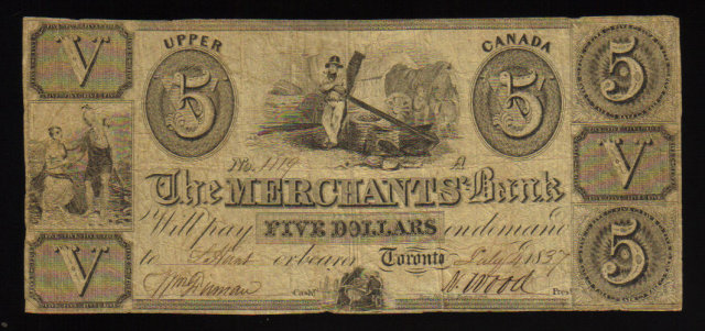1837 $5 the merchants bank upper canada