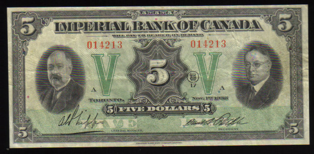 Canadian Currency Imperial Bank of Canada $5 1933