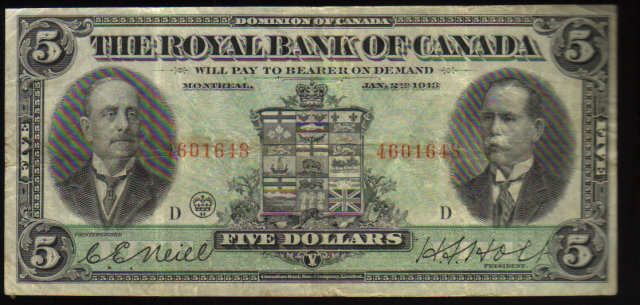 1943 Royal Bank of Canada $5 Very Fine CANADA
