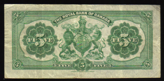 1943 Royal Bank of Canada $5 Very Fine CANADA